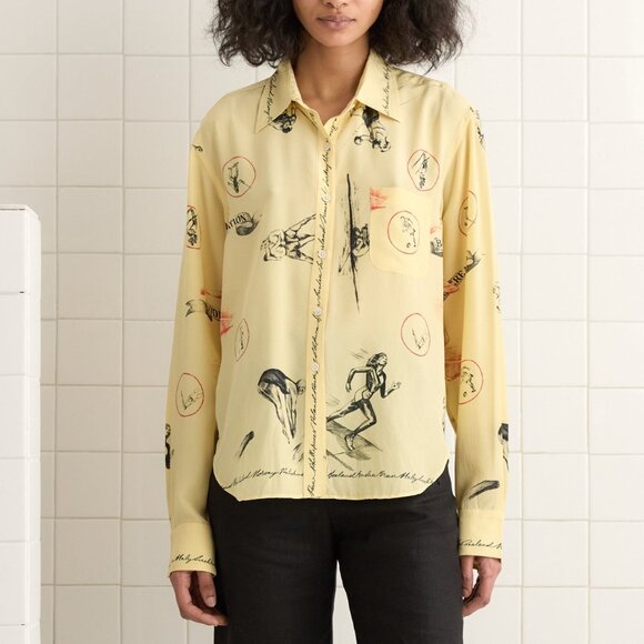 New BODE Games Top in Yellow button down blouse silk graphic logo - Picture 1 of 10
